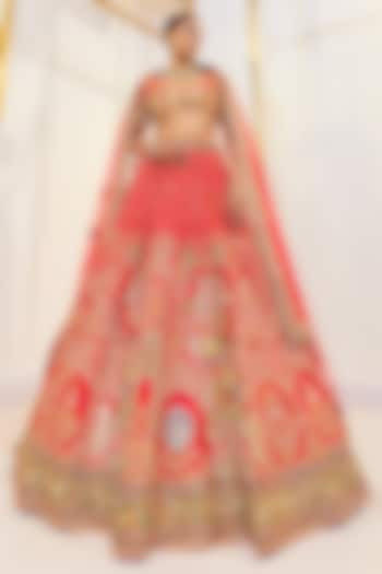 Red Raw Silk Embroidered Bridal Lehenga Set by Pallavi Poddar (India) at Pernia's Pop Up Shop