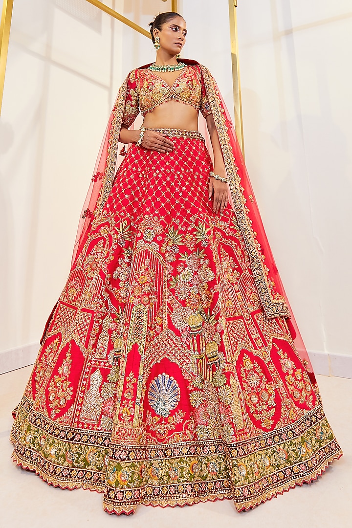 Red Raw Silk Embroidered Bridal Lehenga Set by Pallavi Poddar (India) at Pernia's Pop Up Shop