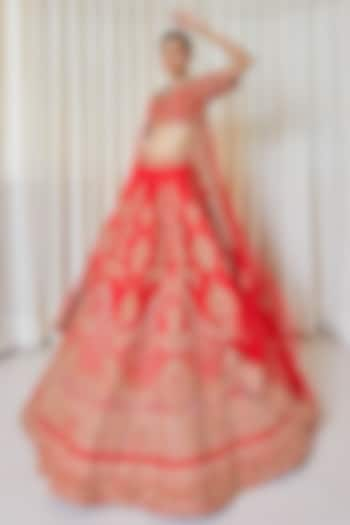 Red Raw Silk Resham Work Bridal Lehenga Set by Pallavi Poddar (India) at Pernia's Pop Up Shop