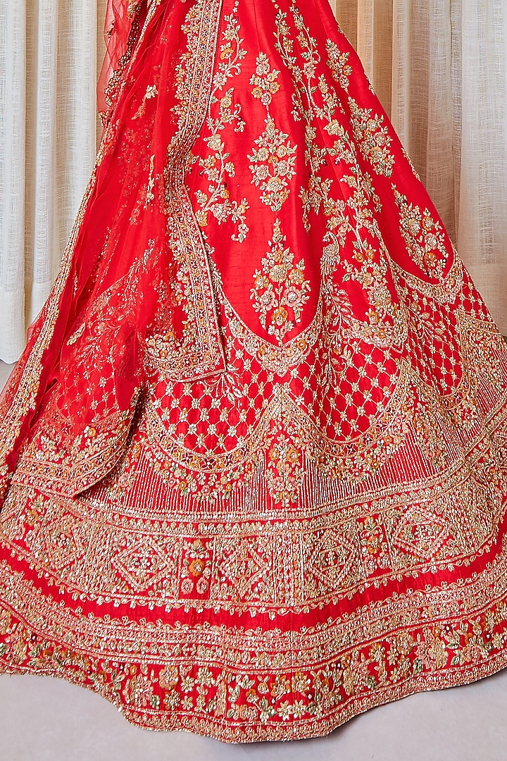 Red Raw Silk Resham Work Bridal Lehenga Set by Pallavi Poddar (India) at Pernia's Pop Up Shop