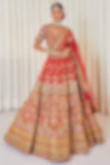 Red Raw Silk Resham Hand Work Bridal Lehenga Set by Pallavi Poddar (India) at Pernia's Pop Up Shop