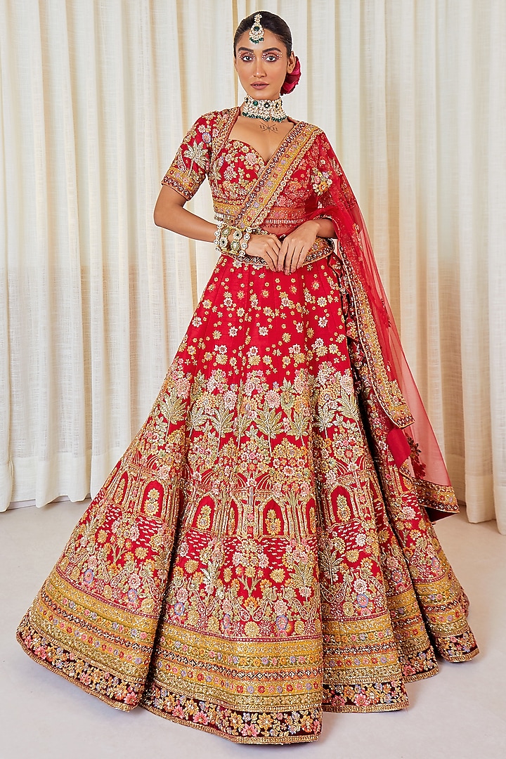 Red Raw Silk Resham Hand Work Bridal Lehenga Set by Pallavi Poddar (India) at Pernia's Pop Up Shop