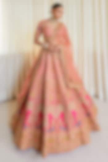 Pink Ombre Raw Silk Embroidered Bridal Lehenga Set by Pallavi Poddar (India) at Pernia's Pop Up Shop