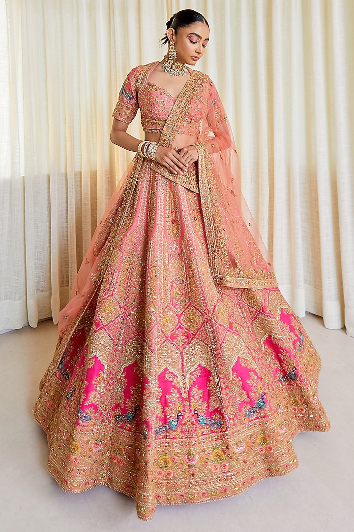 Pink Ombre Raw Silk Embroidered Bridal Lehenga Set by Pallavi Poddar (India) at Pernia's Pop Up Shop