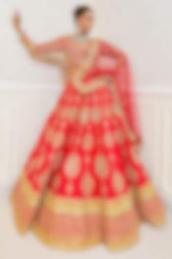 Red Raw Silk Motif Embroidered Bridal Lehenga Set by Pallavi Poddar (India) at Pernia's Pop Up Shop