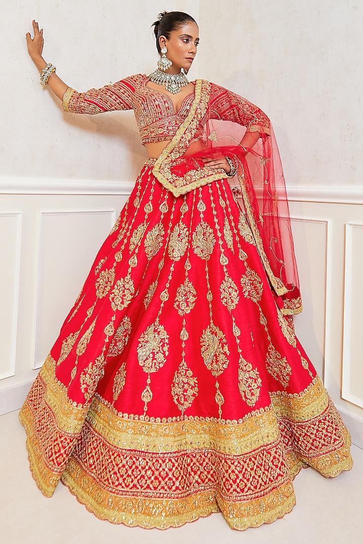 Red Raw Silk Motif Embroidered Bridal Lehenga Set by Pallavi Poddar (India) at Pernia's Pop Up Shop