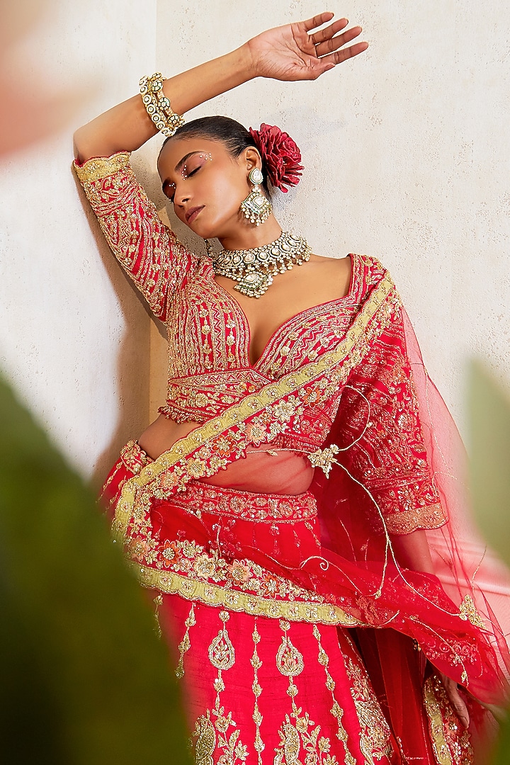 Red Raw Silk Motif Embroidered Bridal Lehenga Set by Pallavi Poddar (India) at Pernia's Pop Up Shop