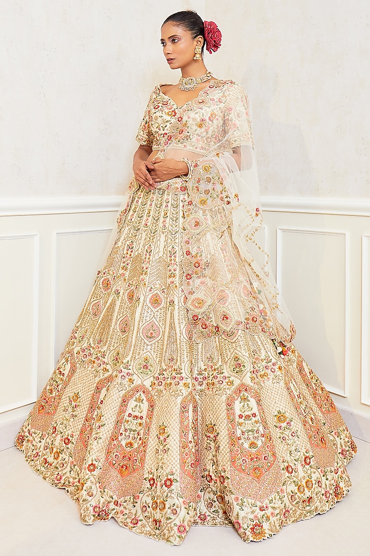 Ivory Raw Silk Zardosi Embroidered Bridal Lehenga Set by Pallavi Poddar (India) at Pernia's Pop Up Shop