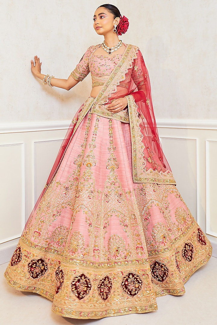 Pink Raw Silk Embroidered Bridal Lehenga Set by Pallavi Poddar (India) at Pernia's Pop Up Shop