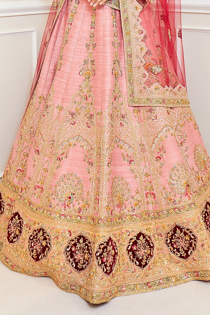 Pink Raw Silk Embroidered Bridal Lehenga Set by Pallavi Poddar (India) at Pernia's Pop Up Shop