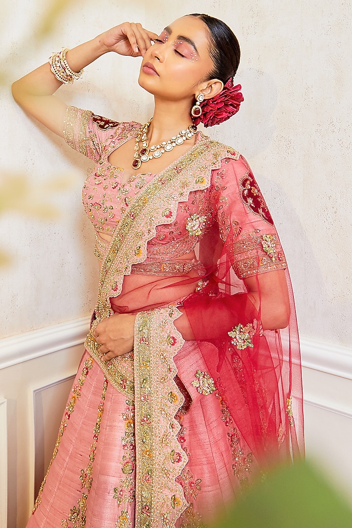 Pink Raw Silk Embroidered Bridal Lehenga Set by Pallavi Poddar (India) at Pernia's Pop Up Shop