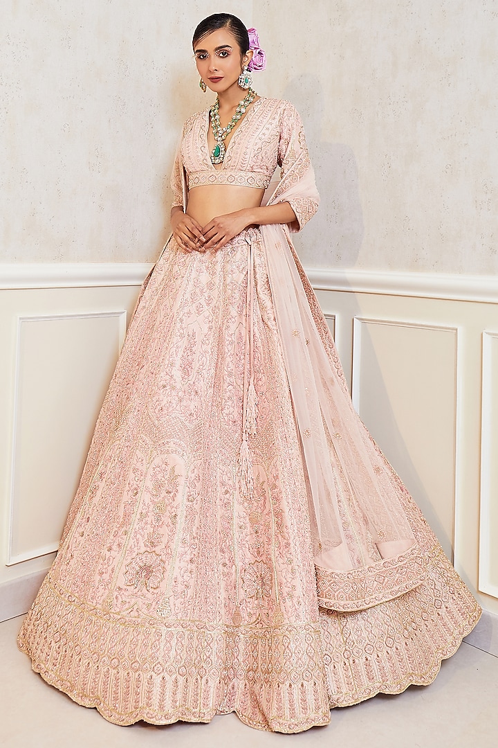 Pink Raw Silk Thread Work Bridal Lehenga Set by Pallavi Poddar (India) at Pernia's Pop Up Shop