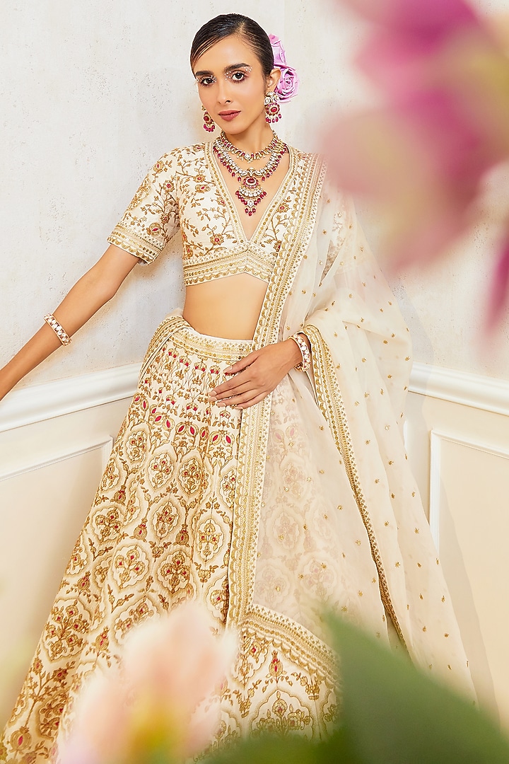 Ivory Raw Silk Zardosi Hand Work Bridal Lehenga Set by Pallavi Poddar (India) at Pernia's Pop Up Shop