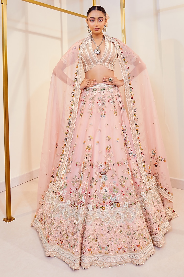 Pink Organza Resham Work Bridal Lehenga Set by Pallavi Poddar (India) at Pernia's Pop Up Shop