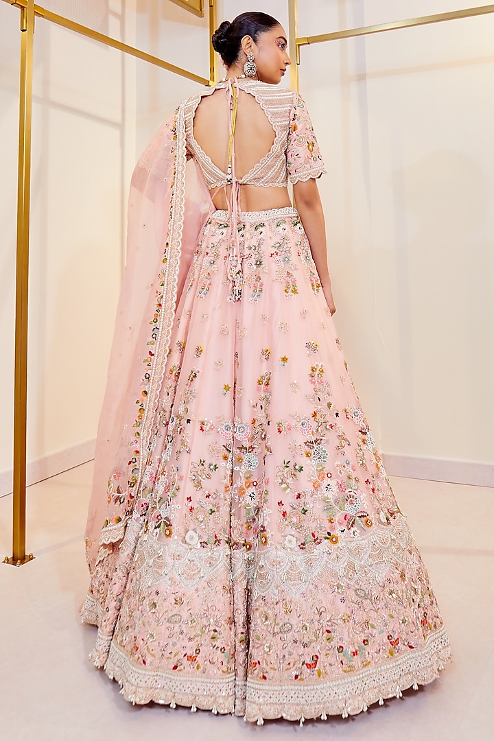 Pink Organza Resham Work Bridal Lehenga Set by Pallavi Poddar (India) at Pernia's Pop Up Shop