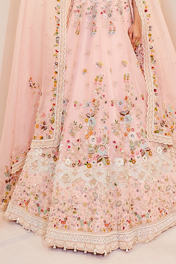 Pink Organza Resham Work Bridal Lehenga Set by Pallavi Poddar (India) at Pernia's Pop Up Shop