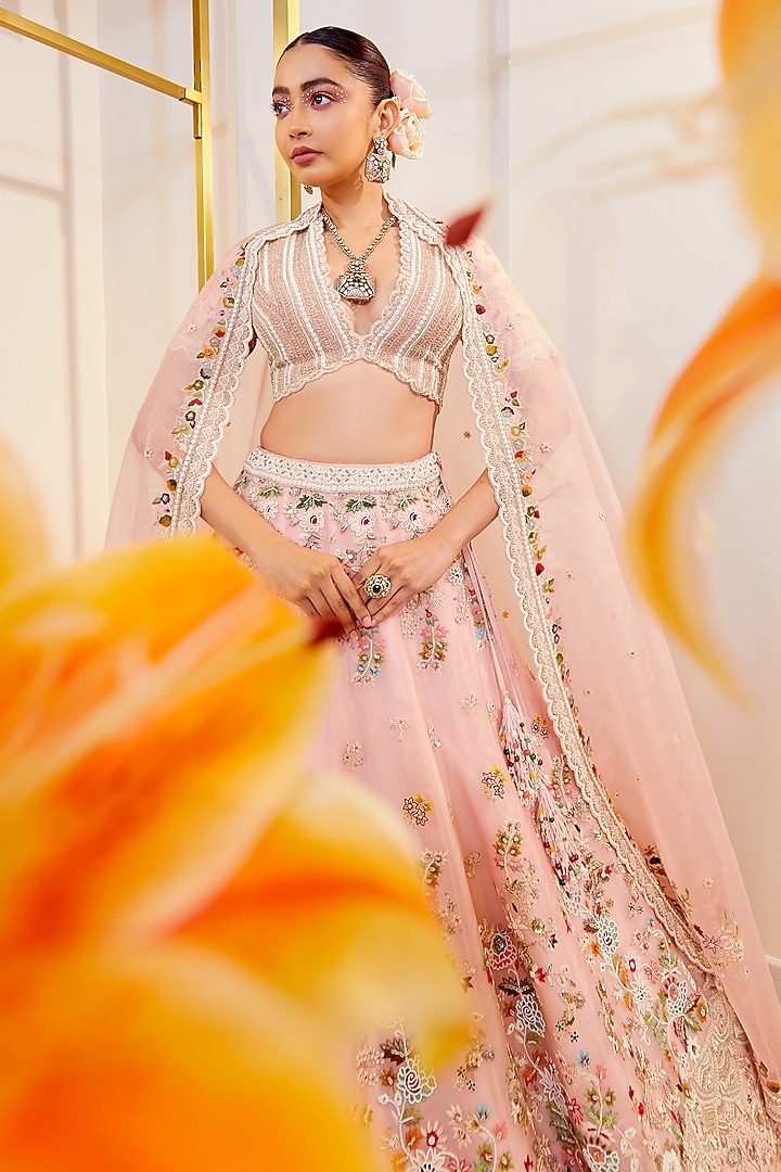 Pink Organza Resham Work Bridal Lehenga Set by Pallavi Poddar (India) at Pernia's Pop Up Shop