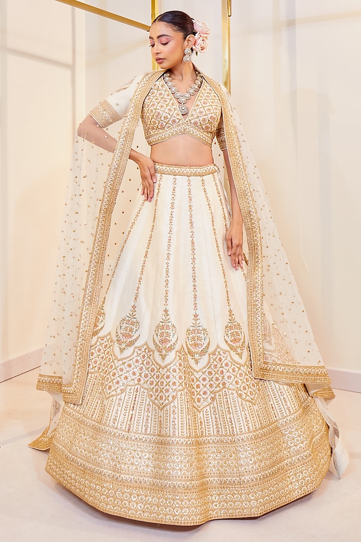 Ivory Raw Silk Zardosi Work Bridal Lehenga Set by Pallavi Poddar (India) at Pernia's Pop Up Shop