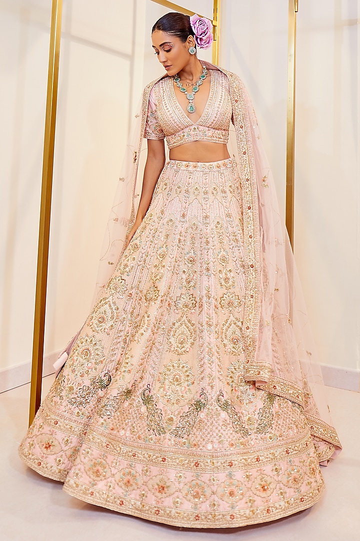 Pink Raw Silk Motif Bridal Lehenga Set by Pallavi Poddar (India) at Pernia's Pop Up Shop