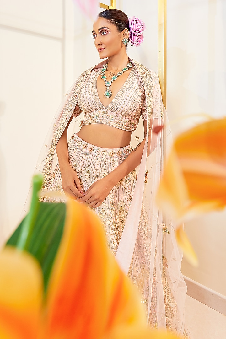 Pink Raw Silk Motif Bridal Lehenga Set by Pallavi Poddar (India) at Pernia's Pop Up Shop