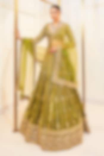 Green Velvet Zardosi Hand Work Bridal Lehenga Set by Pallavi Poddar (India) at Pernia's Pop Up Shop