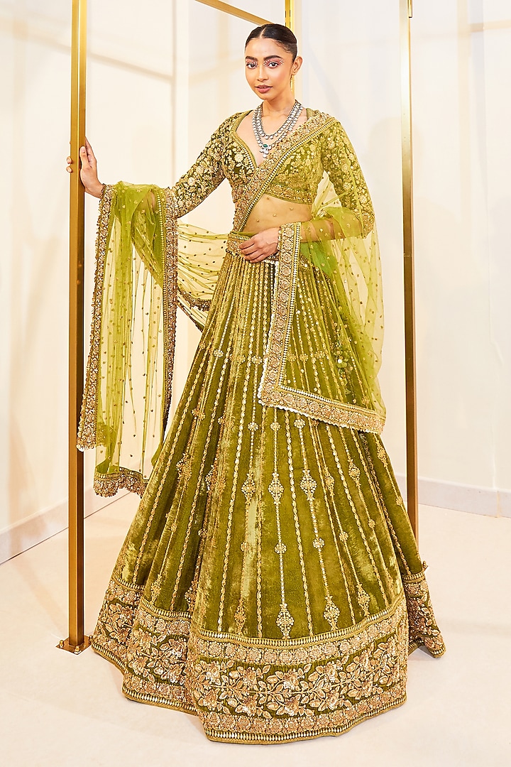 Green Velvet Zardosi Hand Work Bridal Lehenga Set by Pallavi Poddar (India) at Pernia's Pop Up Shop