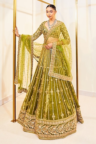 Green Velvet Zardosi Hand Work Lehenga Set by Pallavi Poddar (India)