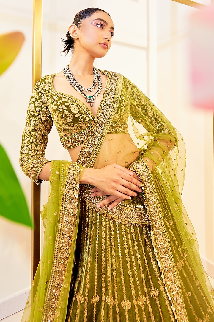 Green Velvet Zardosi Hand Work Bridal Lehenga Set by Pallavi Poddar (India) at Pernia's Pop Up Shop