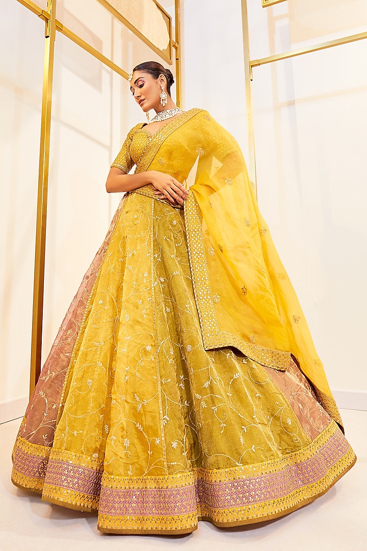 Multi-Colored Tissue Jaal Work Wedding Lehenga Set by Pallavi Poddar (India) at Pernia's Pop Up Shop