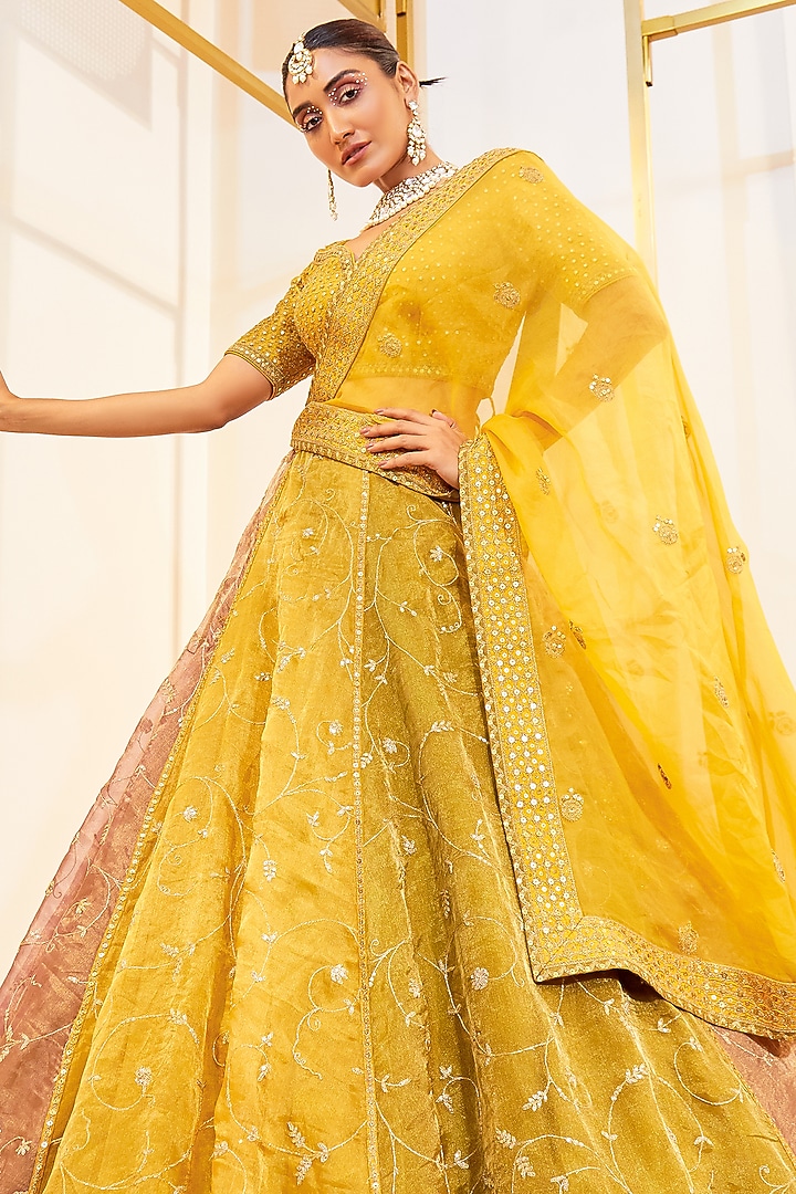 Multi-Colored Tissue Jaal Work Bridal Lehenga Set by Pallavi Poddar (India) at Pernia's Pop Up Shop