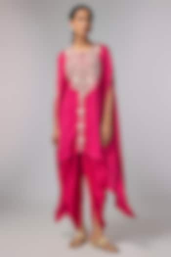 Rani Pink Satin Zardosi Hand Work Cape Set by Pallavi Poddar (India) at Pernia's Pop Up Shop
