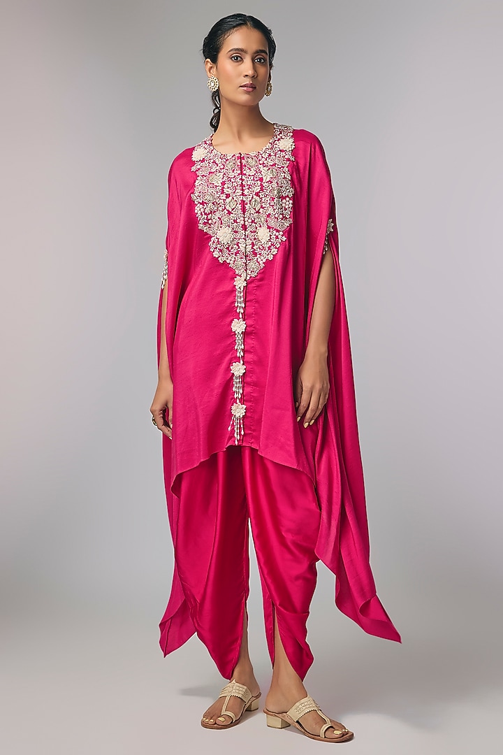 Rani Pink Satin Zardosi Hand Work Cape Set by Pallavi Poddar (India) at Pernia's Pop Up Shop
