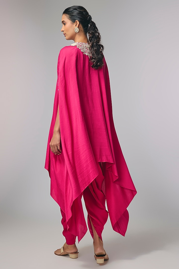 Rani Pink Satin Zardosi Hand Work Cape Set by Pallavi Poddar (India) at Pernia's Pop Up Shop