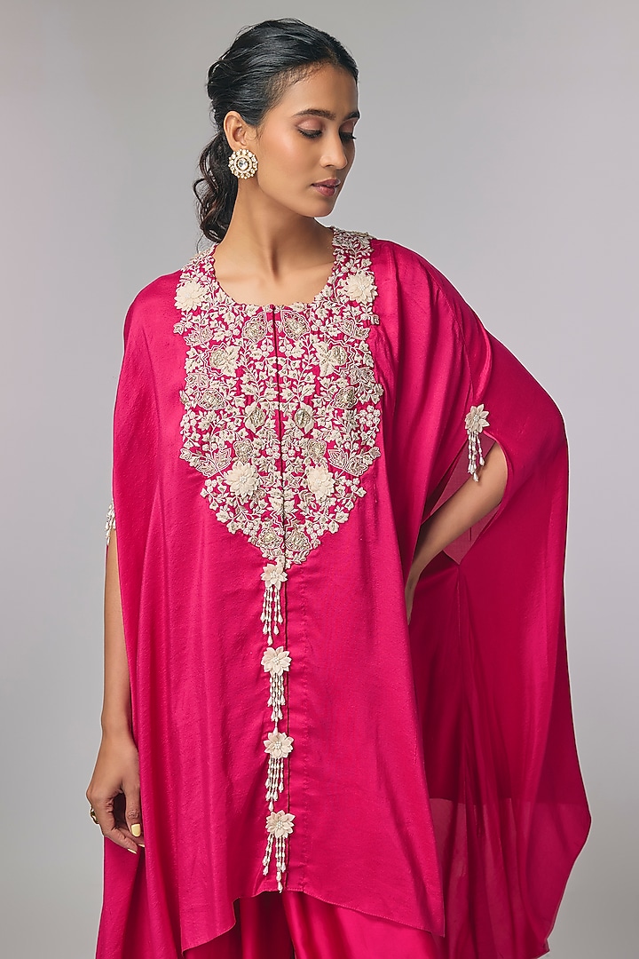 Rani Pink Satin Zardosi Hand Work Cape Set by Pallavi Poddar (India) at Pernia's Pop Up Shop