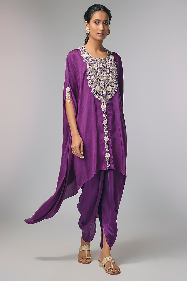 Purple Satin Zardosi Hand Work Cape Set by Pallavi Poddar (India) at Pernia's Pop Up Shop