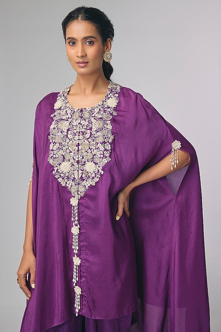 Purple Satin Zardosi Hand Work Cape Set by Pallavi Poddar (India) at Pernia's Pop Up Shop