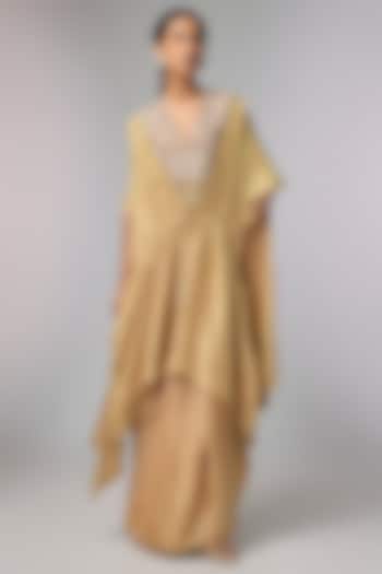 Beige Satin Zardosi Hand Work Kaftan Set by Pallavi Poddar (India) at Pernia's Pop Up Shop