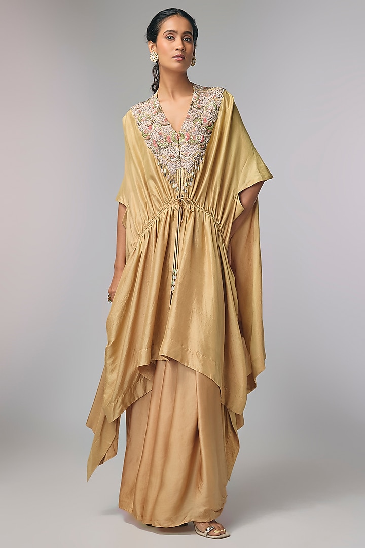 Beige Satin Zardosi Hand Work Kaftan Set by Pallavi Poddar (India) at Pernia's Pop Up Shop