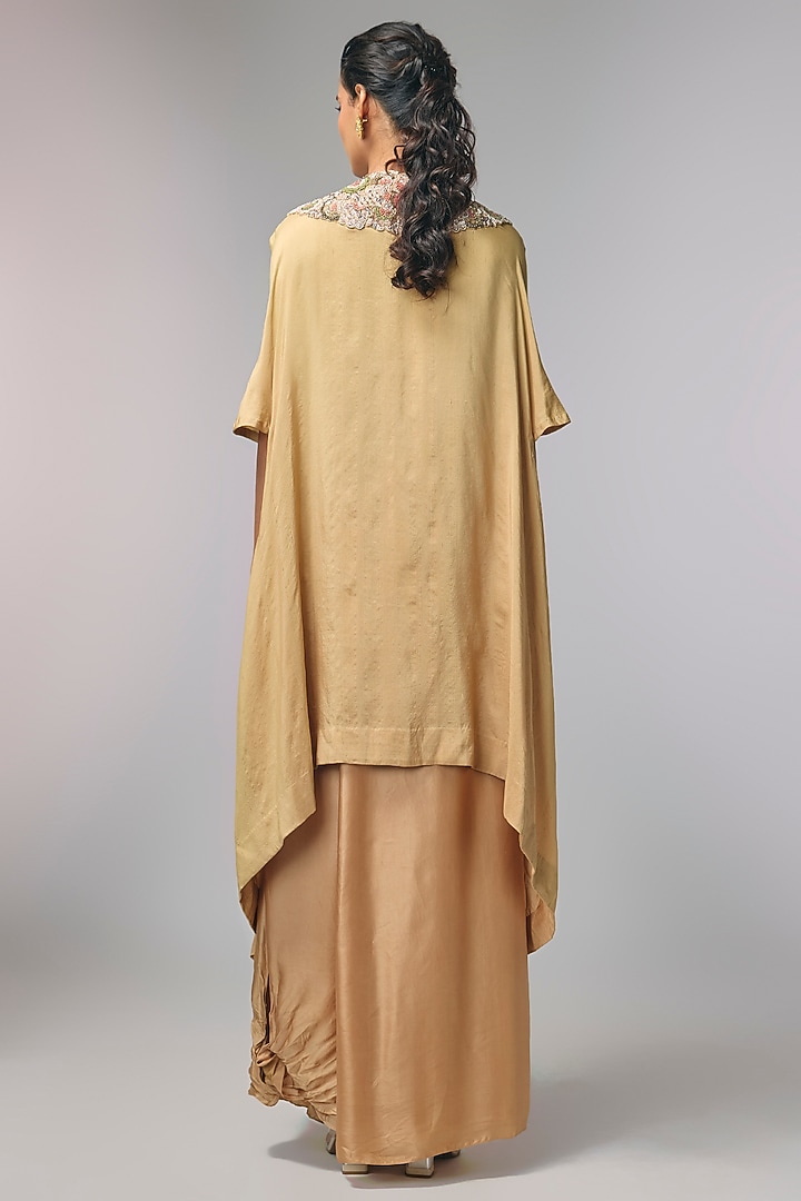 Beige Satin Zardosi Hand Work Kaftan Set by Pallavi Poddar (India) at Pernia's Pop Up Shop