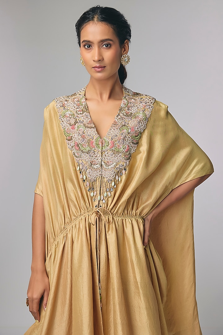 Beige Satin Zardosi Hand Work Kaftan Set by Pallavi Poddar (India) at Pernia's Pop Up Shop