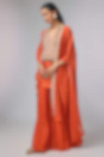 Orange Dupion Silk Zardosi Work Cape Set by Pallavi Poddar (India) at Pernia's Pop Up Shop