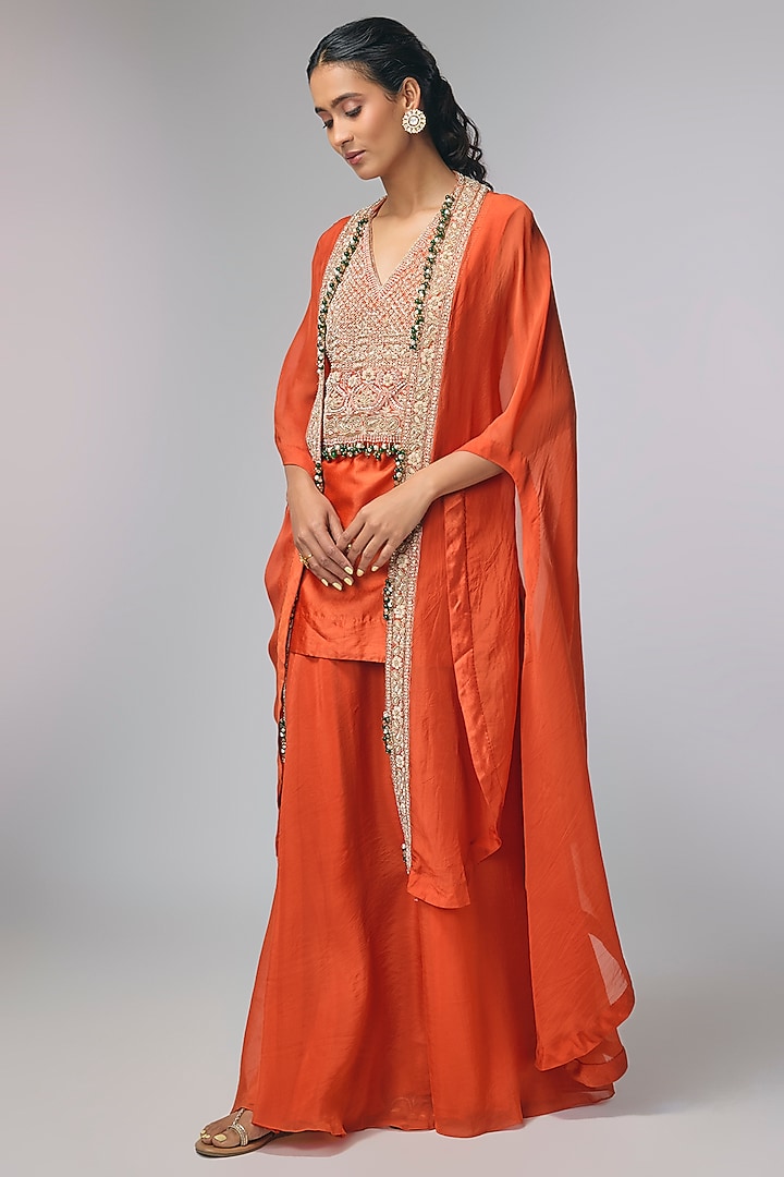 Orange Dupion Silk Zardosi Work Cape Set by Pallavi Poddar (India) at Pernia's Pop Up Shop