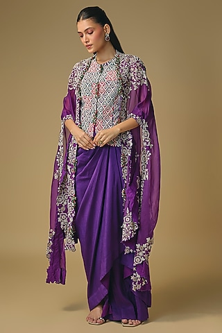 Purple Dupion Silk Draped Skirt Set by Pallavi Poddar (India)