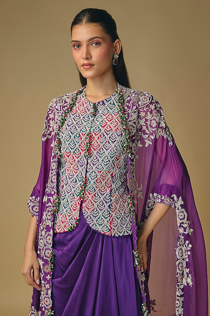 Purple Dupion Silk Draped Skirt Set by Pallavi Poddar (India) at Pernia's Pop Up Shop