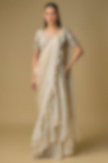 Ivory Organza Draped Wedding Saree Set by Pallavi Poddar (India) at Pernia's Pop Up Shop
