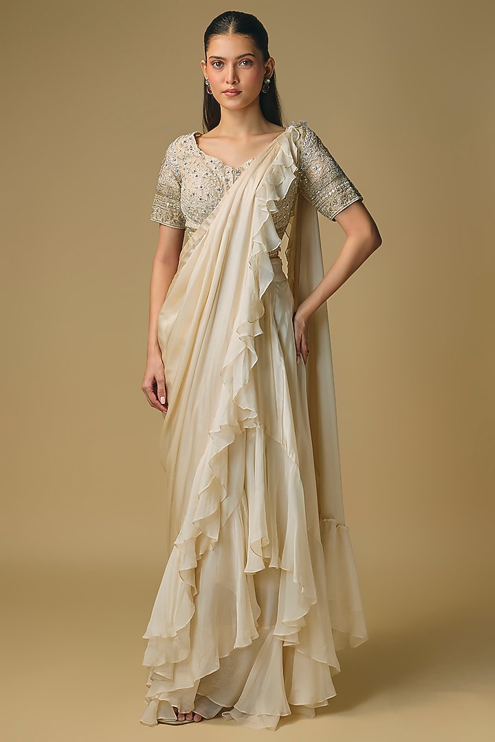 Ivory Organza Draped Wedding Saree Set by Pallavi Poddar (India) at Pernia's Pop Up Shop