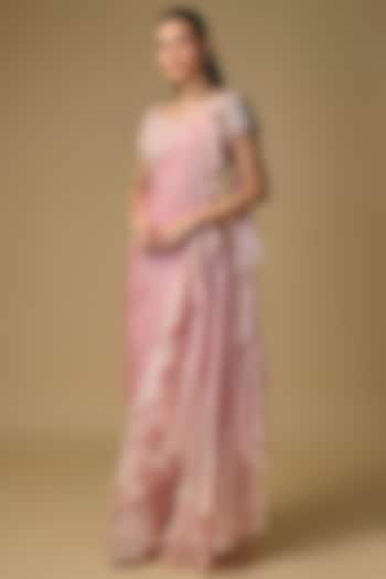 Pink Organza Draped Wedding Saree Set by Pallavi Poddar (India) at Pernia's Pop Up Shop