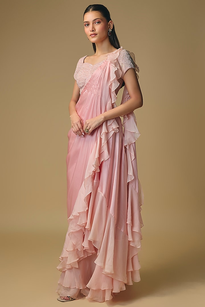 Pink Organza Draped Wedding Saree Set by Pallavi Poddar (India) at Pernia's Pop Up Shop