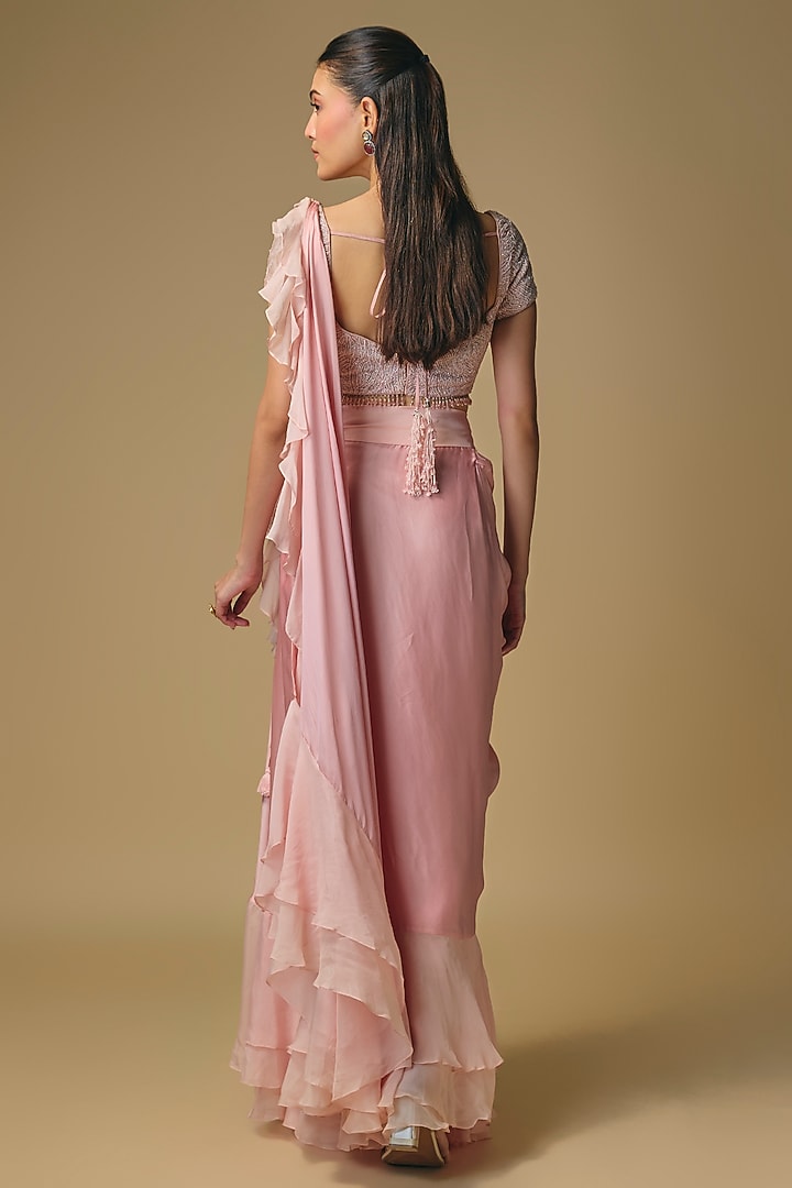 Pink Organza Draped Wedding Saree Set by Pallavi Poddar (India) at Pernia's Pop Up Shop