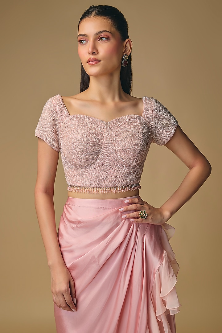 Pink Organza Draped Wedding Saree Set by Pallavi Poddar (India) at Pernia's Pop Up Shop